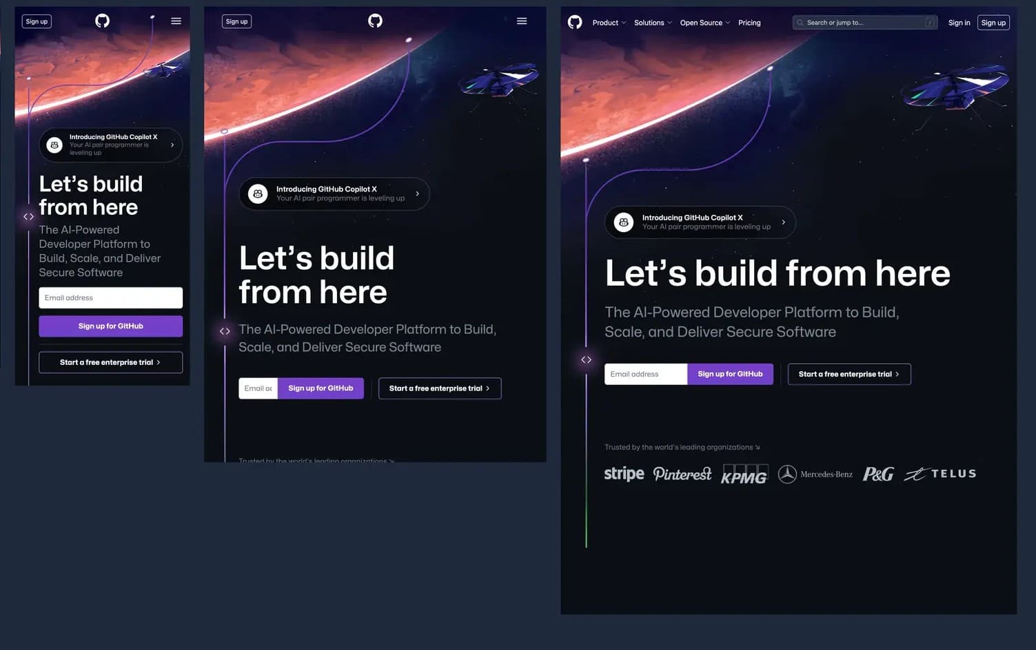 Three browser mockups showing a landing page, portfolio page, and coming soon page generated by Gemini