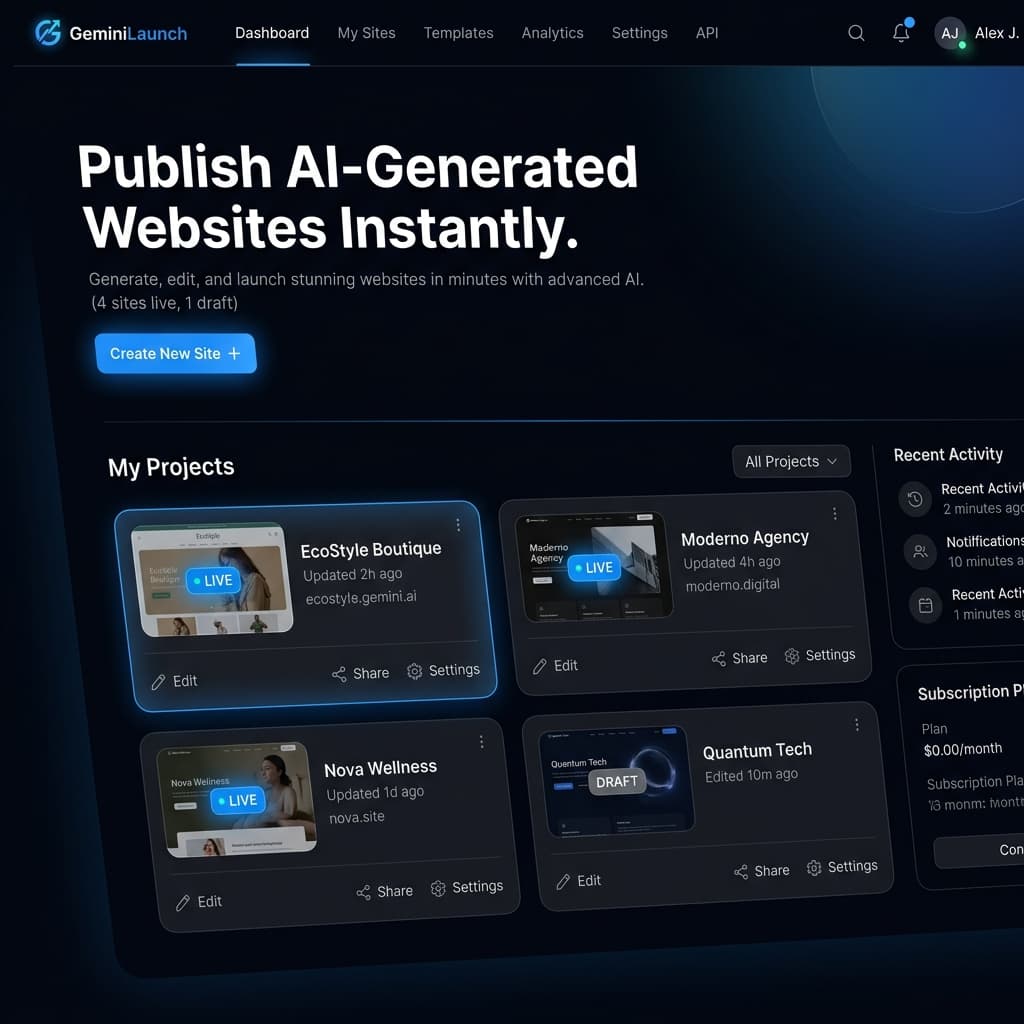 GeminiLaunch dashboard showing project cards with live website thumbnails and status badges in a premium dark-mode interface