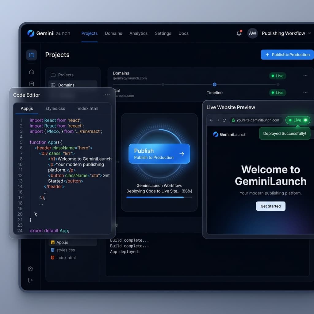 GeminiLaunch publishing workflow showing code editor, publish button, and live website preview with a public URL