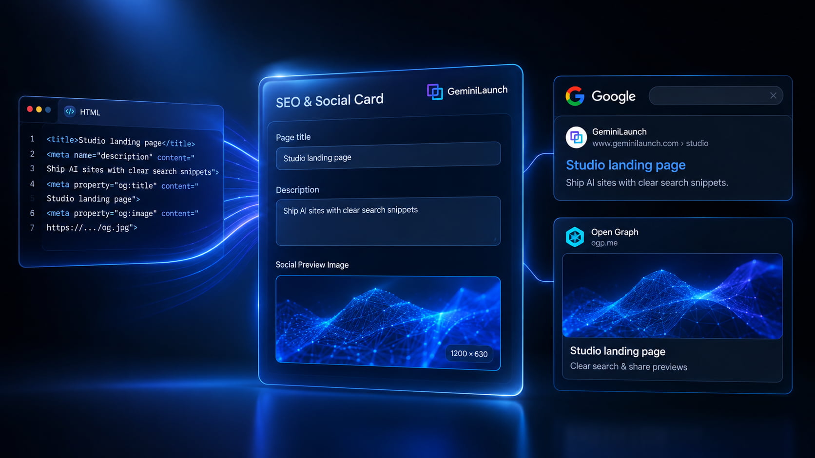 Search result snippet beside an Open Graph social preview card