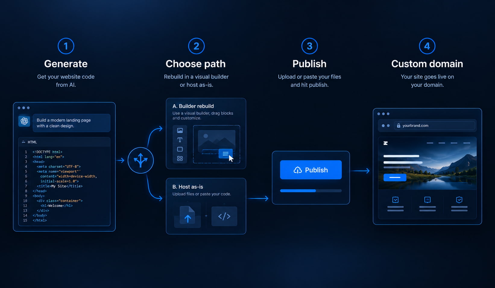 Four steps from AI output to publish and custom domain without a builder rebuild