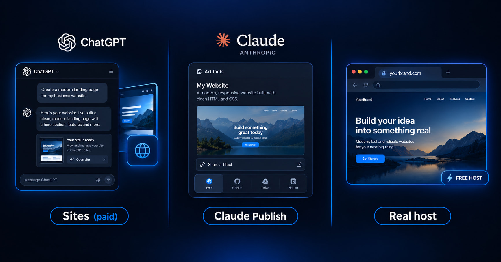 ChatGPT Sites, Claude Publish, and a real host path compared for AI websites