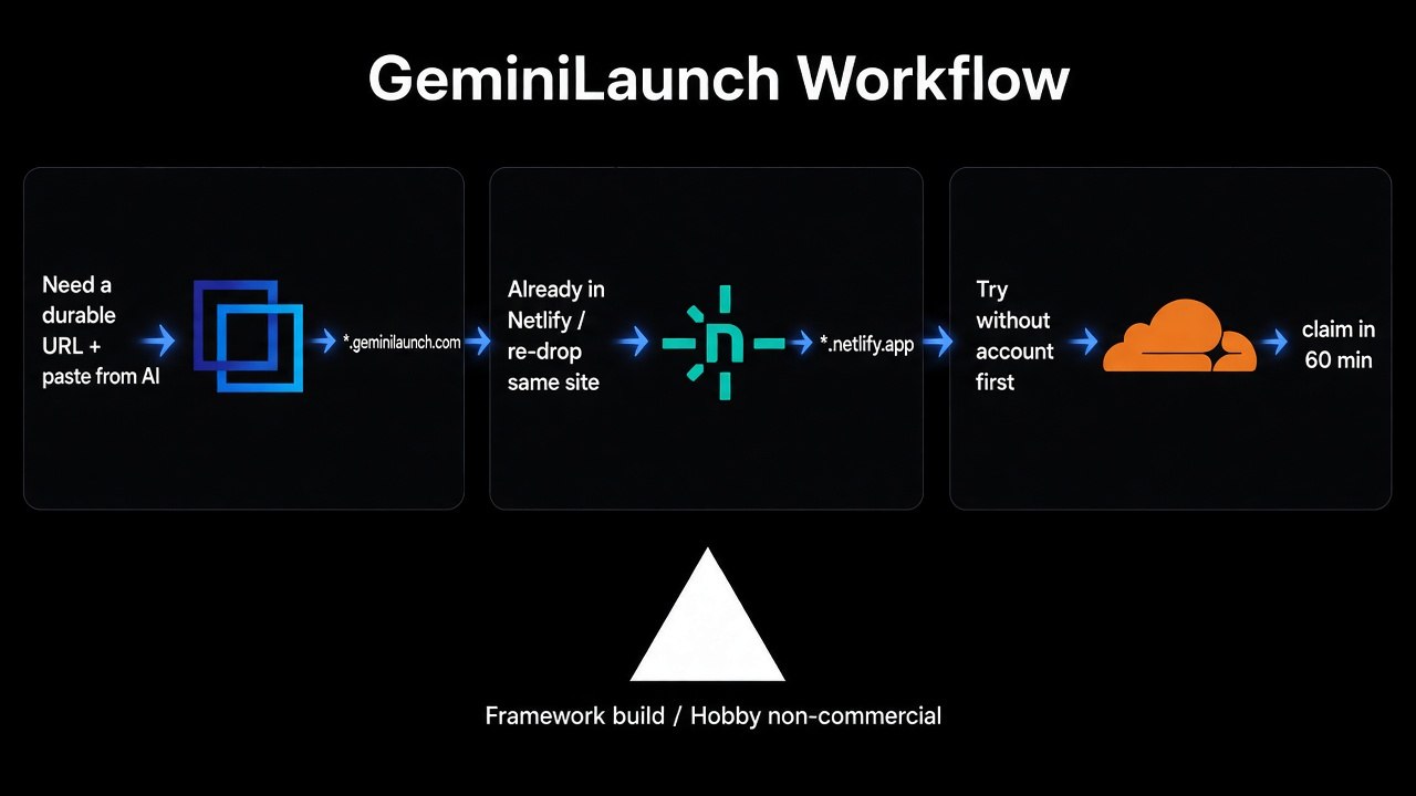 Decision paths: GeminiLaunch for durable URL and AI paste, Netlify for re-drop, Cloudflare for no-account preview, Vercel for framework builds