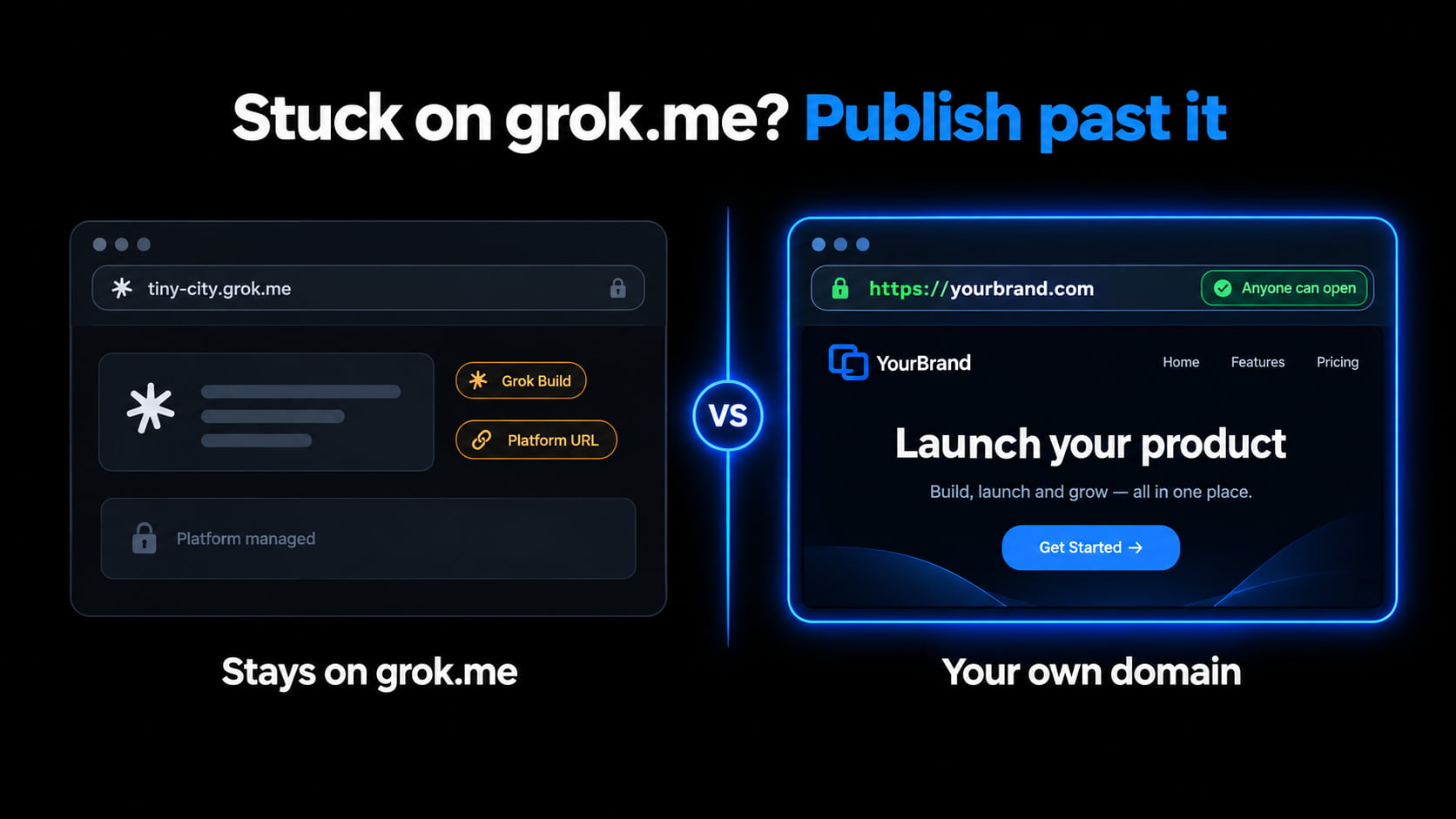 Grok Build on grok.me versus a live yourbrand.com link