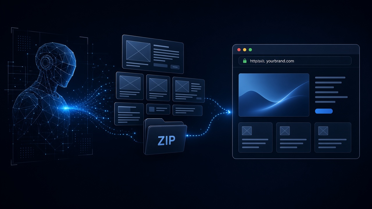 Manus AI website export flowing into GeminiLaunch publish and a live custom domain