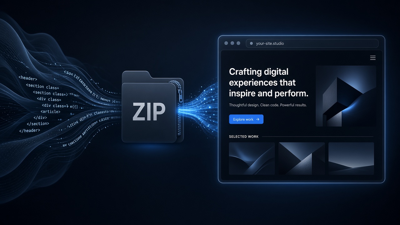 Stitch and Claude Design exports becoming a live website via ZIP upload