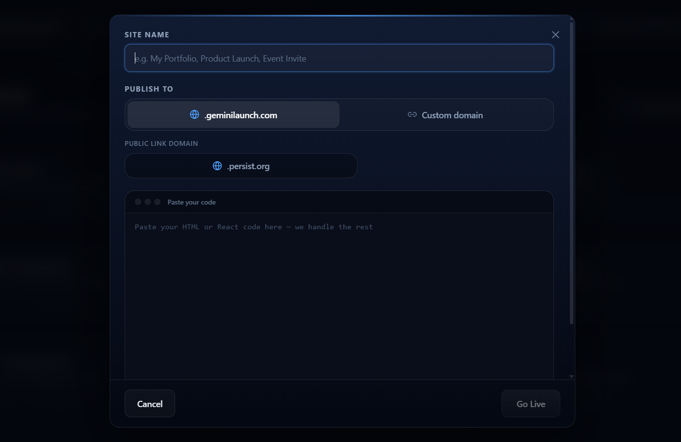 GeminiLaunch publish dialog showing site name field and code paste area