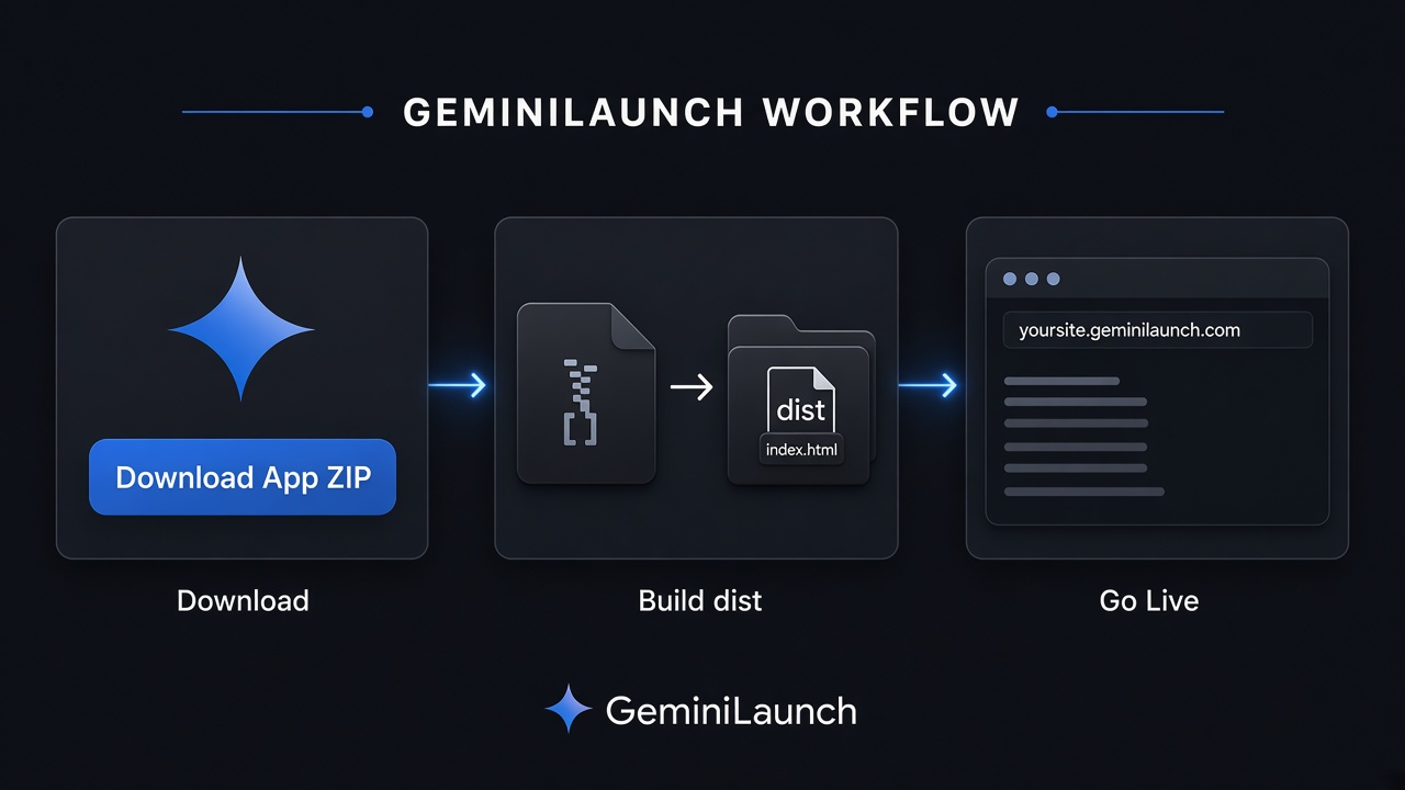 Download Google AI Studio ZIP, build dist folder, go live on GeminiLaunch