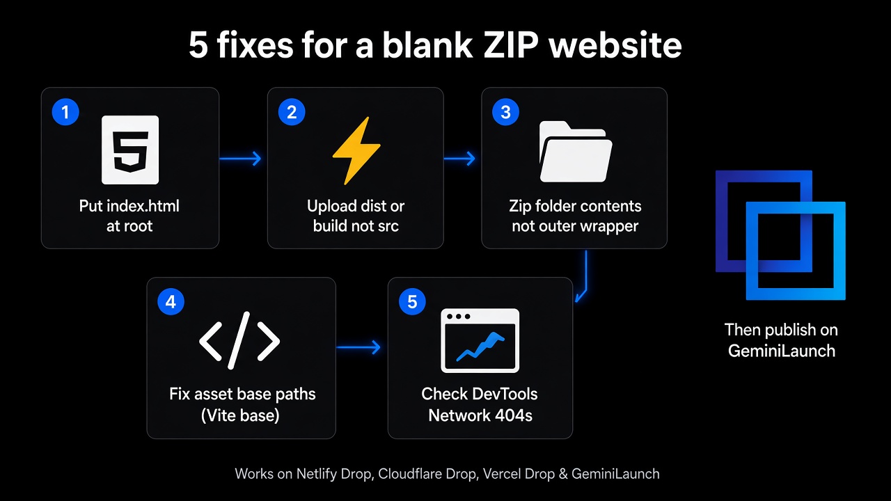 Five fixes for a blank ZIP website: index.html, dist folder, zip contents, asset paths, DevTools